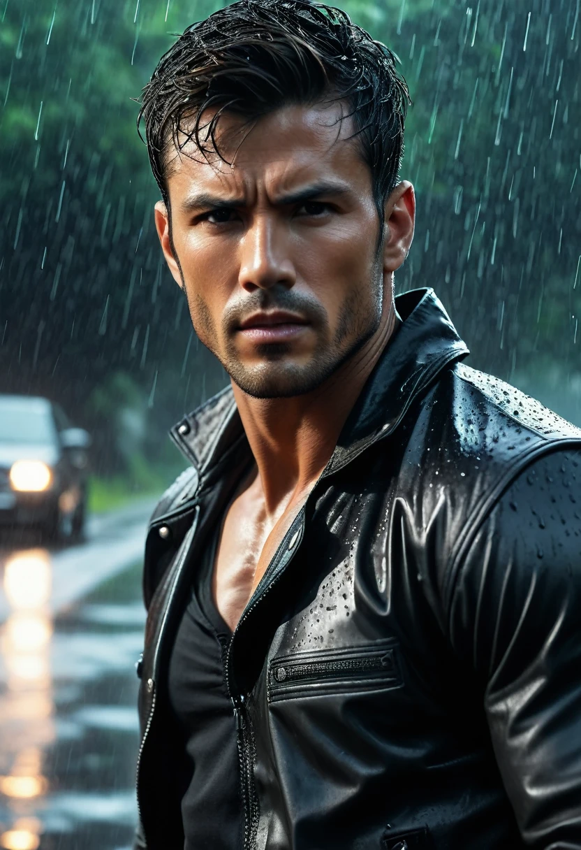 acting（（（martial arts superstar））,black pants, realist:1.3,( fotorrealist, 8K, original photo, high quality, masterpiece, epic lights. close up, center image), (prospect),((1 Handsome guy with confident and well-proportioned muscles, post apocalyptic, Guerrero, Rostro y cuerpo perfectamente detallados, (prospect), rain scene, Poor lighting due to rain,(( My face and body were soaked by the rain:1.5)),lightning lighting, dynamic poses, beautiful fine hair, Leather jacket)),  ((imaginative scenes)),((perfect, meticulously.:1.3)), ((panoramic: 1.4)), ((best quality )), ((masterpiece)), 3d, (Super detailed: 1.3), ((epic scenery: 1.3)), ((night background: 1.3 ))), (((night:1.2))), ( lifelike: 1.4), ((Front camera)),( (Low-light night cinematic lighting: 1.2)). 32