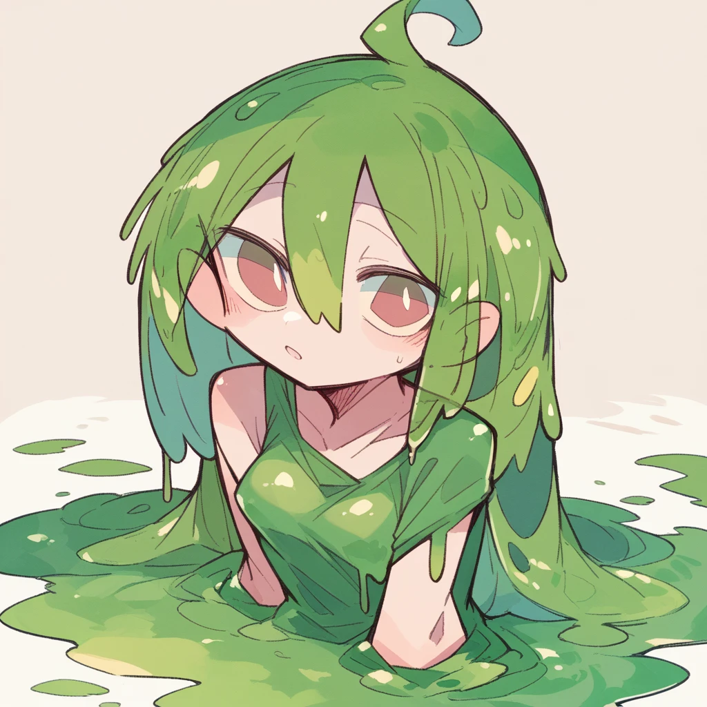 punctuation_9 score_8_High above, , monster slime green slime,eye white,long green hair slime,full body,skirt slime,sweater slime