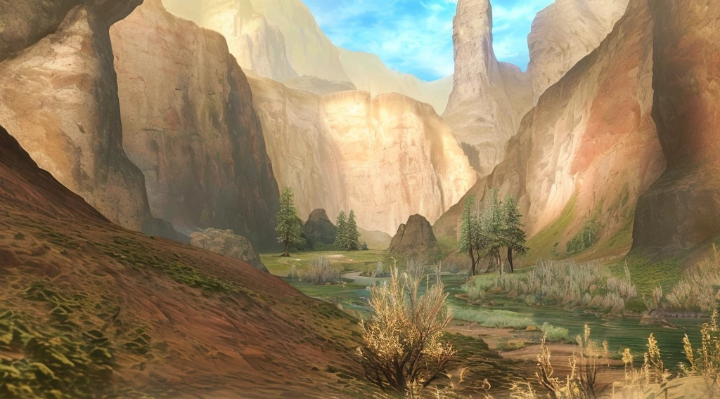 There is a photo of a mountain landscape and a river, canyon background, Detailed trees and cliffs, Surrounded by cliffs, Mountain area, Desert scenery, grassland, ps1 game scenery, Fantasy Plains, mysterious canyon streams, canyon, Mountain area环境, Detailed scenery, Distant forest, Forgotten valley, Green Cyrodiil Plains