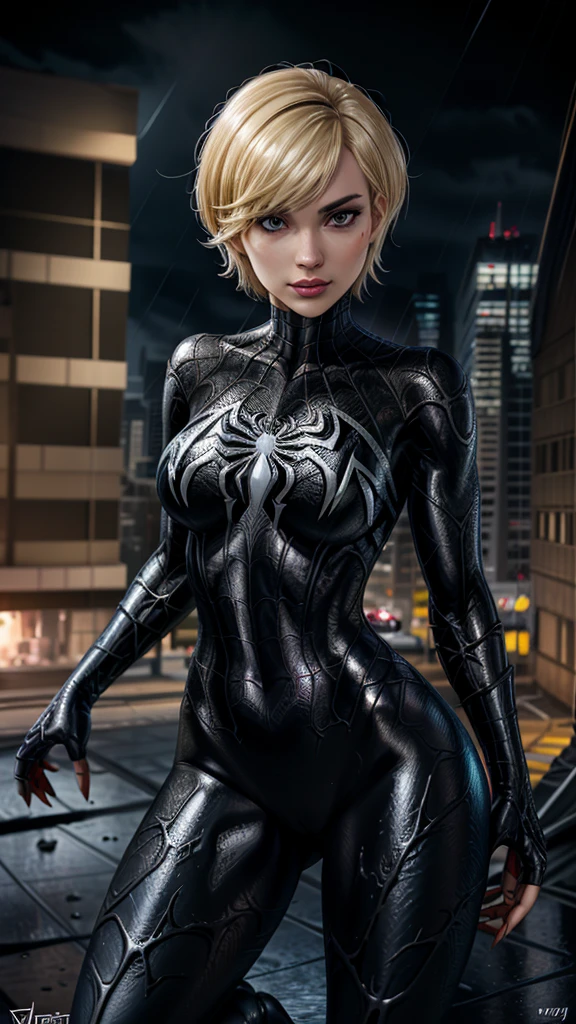 28 year old girl, Spider-Man Venom Black Suit, short blunt hair, blond, pretty face, Rain, roof, first work, cracked details, perfect anatomy