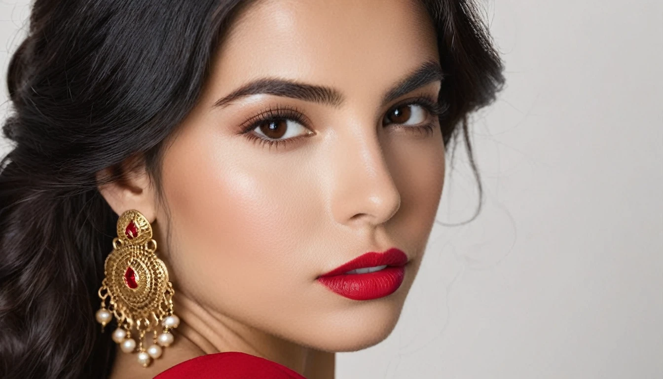 ((half body portrait)) professional composition, the head is not out of the image's edge, photo of a beautiful 25 years old spanish woman,latin american, puortorican, [[head]] [[shoulders]] [[chest]], detailed tipical spanish facial features, fashion photography, studio photo, simple white background, endless long (extra long black hair), wearing authentical spanish flamenco dress in black and red colors, Award - winning photograph, Masterpiece, 8k, ultra high res, hyper detailed, beautiful woman, perfect face, rule of thirds,nice natural big breasts, Perfect eyes, Perfect iris, perfect pupils, (perfectly round iris:1.3), Perfect lips, Perfect teeth, dimples, perfect nose, highly detailed hair, ((detailed face)), ((detailed facial features)), (finely detailed skin), tanned skin, realistic skin texture, extreme skin details, (pores:0.1),(sweaty:0.8), insane details, intricate details, amazing fine detail, photorealistic, photograph, photorealism, rich colors, lifelike texture, neutral colors, Soft front light,cinematic lighting, dramatic lighting,dappled light on face, backlight on hair, sharp focus, wide angle, film grain, dslr, raw photo, photographed on Nikon , 170mm lens, 35mm film