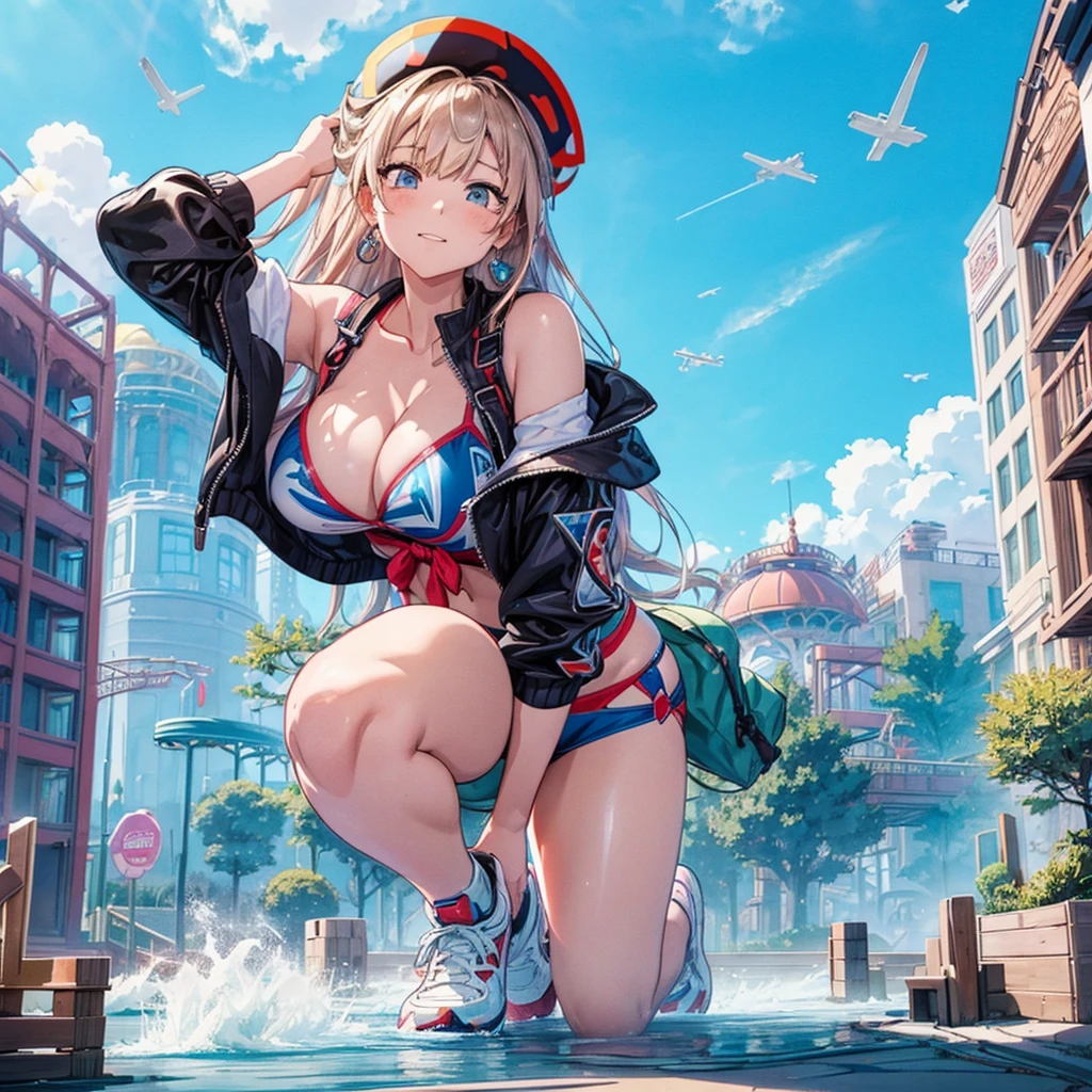 masterpiece　　Unreal Engine　Anime Style　Delicate painting　4K　90's　giant　crowd　 　amusement park　　((amusement parkに立っている巨大な黒髪の水着の***))　clown　stuffed toy　roller coaster　Merry-go-round　crowd　Big Breasts　sneakers　Bikini Swimwear　paola　Straw hat　　　smile　blue sky　cumulonimbus　Contrail　female giant giant girl Whole body 　 Destroyed skyscrapers Destroyed cars Crowd Unreal Engine,cleavage ,a drawing of a , earrings, long hair, 1980s (style) Cute picture　Beauty　Analog style　whole body　sneakers　