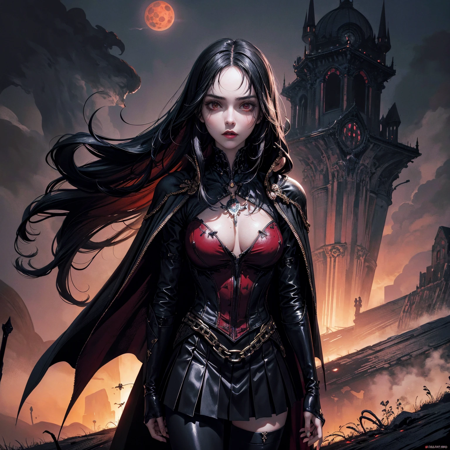 best quality, 4k, high resolution, masterpiece:1.2, Very detailed, actual:1.37, Mood lighting, Girl in a long cape, Wearing a reflective rubber latex skirt that shows a little skin above the chest, Dangerous sneer, Black Hair, Standing, Face facing the camera, Crucified, Pitch black sky, Blood-red moon, strange atmosphere, Gothic style, Unforgettable beauty, Dramatic shadows, Ethereal Light, Mysterious atmosphere.