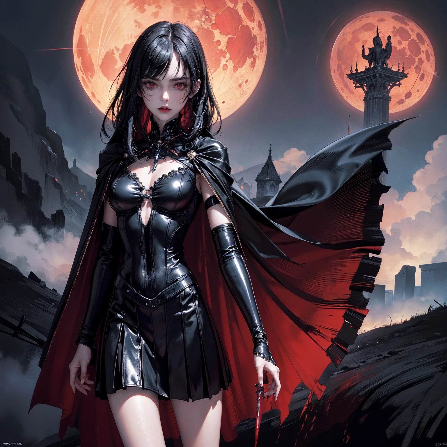 ((Best Quality,8k,4k)), ((masutepiece)), (ultra-detailliert), (细致背景)(Perfect face)、Perfect style、demon queen、20age、Cool Face、black gothic dress、Black long hair、Red eyes、stand in the demon world、grand background、devil princess、perfect hand、The style of a champion、Angle of pull、dynamic ungle、background clearly、black fingernails、dark heroine
