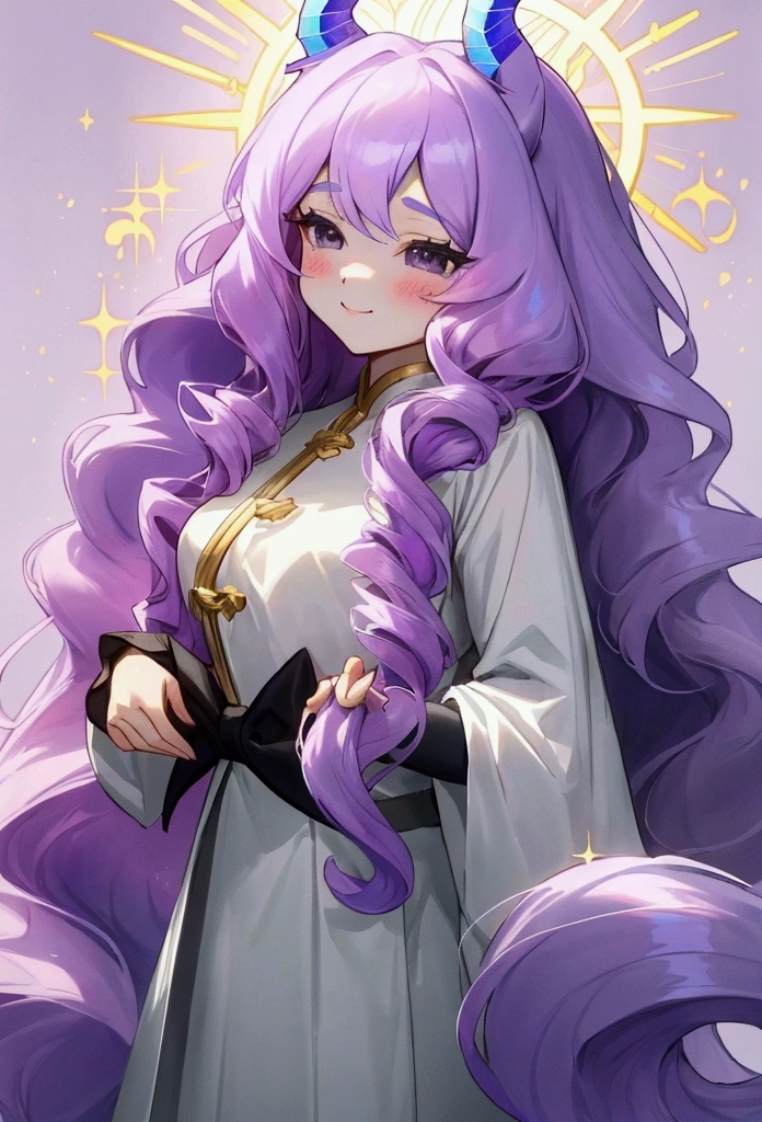 My Little Pony,Celestial horns,woman,Detailed。Light purple skin,Dark purple mane,Long hair,Wave Curls,Flowing mane,Smile。Black eyes。Lovely and gentle。Detailed光影,Three-dimensional,Background