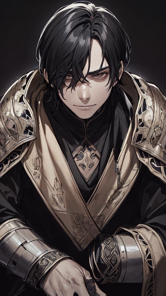 Highest quality, (background_detailed), expensive_Contrast, detailed_original_figure, Warrior, Muscular, Villain Face, Armor, full_body, Medieval, Wrinkles between the eyes, Young people, 20-year-old male, dark_stitch_landscape, (dramatic_Lighting:1. 25), (Shaded_background:1.2), black_hair, (short black hair:) 1.1 ), Big numbers, Delicate face, Wicked Smile, Sharp eyes, Black background, (Black background:1.5), Beautiful line art, 白black