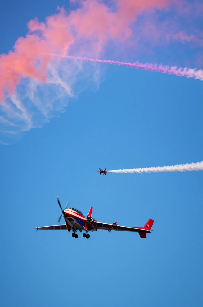 Low flying plane in the sky with colored smoke