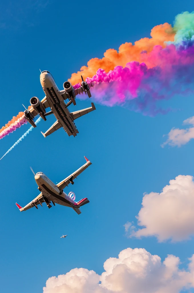Low flying plane in the sky with colored smoke