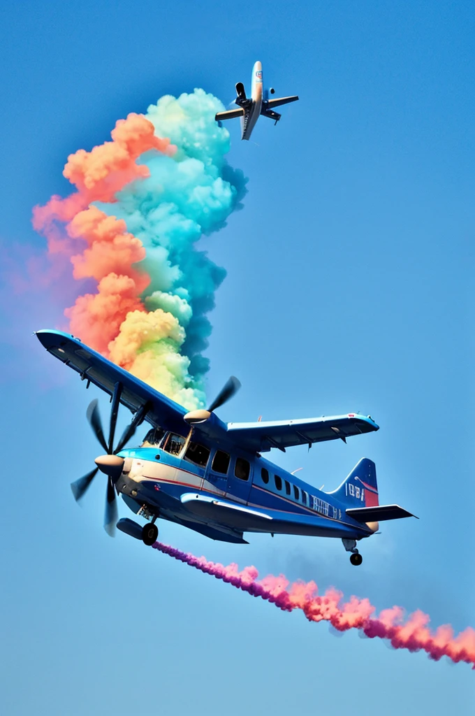 Low flying plane in the sky with colored smoke