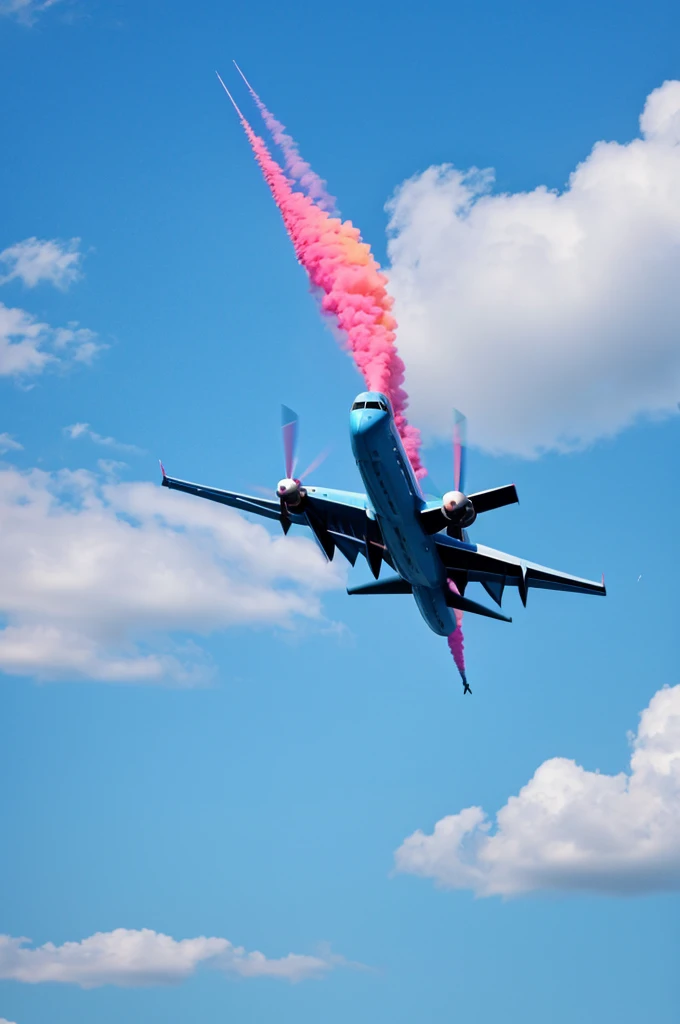 Low flying plane in the sky with colored smoke