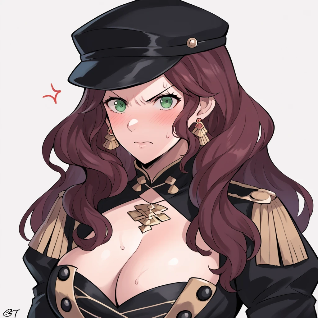 score_9, score_8_up, score_7_up, source_anime, Dorothea (Fire Emblem), bust shot, mldortgm, black headwear, (black uniform), brown hair, dangle earrings, gold trim, green eyes, jewelry, large breasts, cleavage, long hair, black peaked cap, black hat, looking at the viewer, angry facial expression, closed mouth, blush, sweat