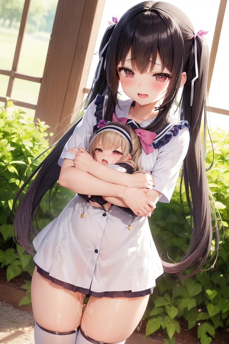 Lewdな女学生、((13才のGirlの自慰))、field、garden、grass((NSfW Vibrator Inserted and Vibrated))、Ahegao、pleasure、Climax、Agony、Lewd、Ecstatic expression、童顔で幼いGirl、((Love juices are dripping down her thighs、No pussy juice々leak))バイブの刺激にAgonyしイク、Drunken eyes、((A young  with a baby face、Lower grades of elementary ))Long twin tails、Blue ribbon、Brown Hair、Soft Hair、Elementary school girl