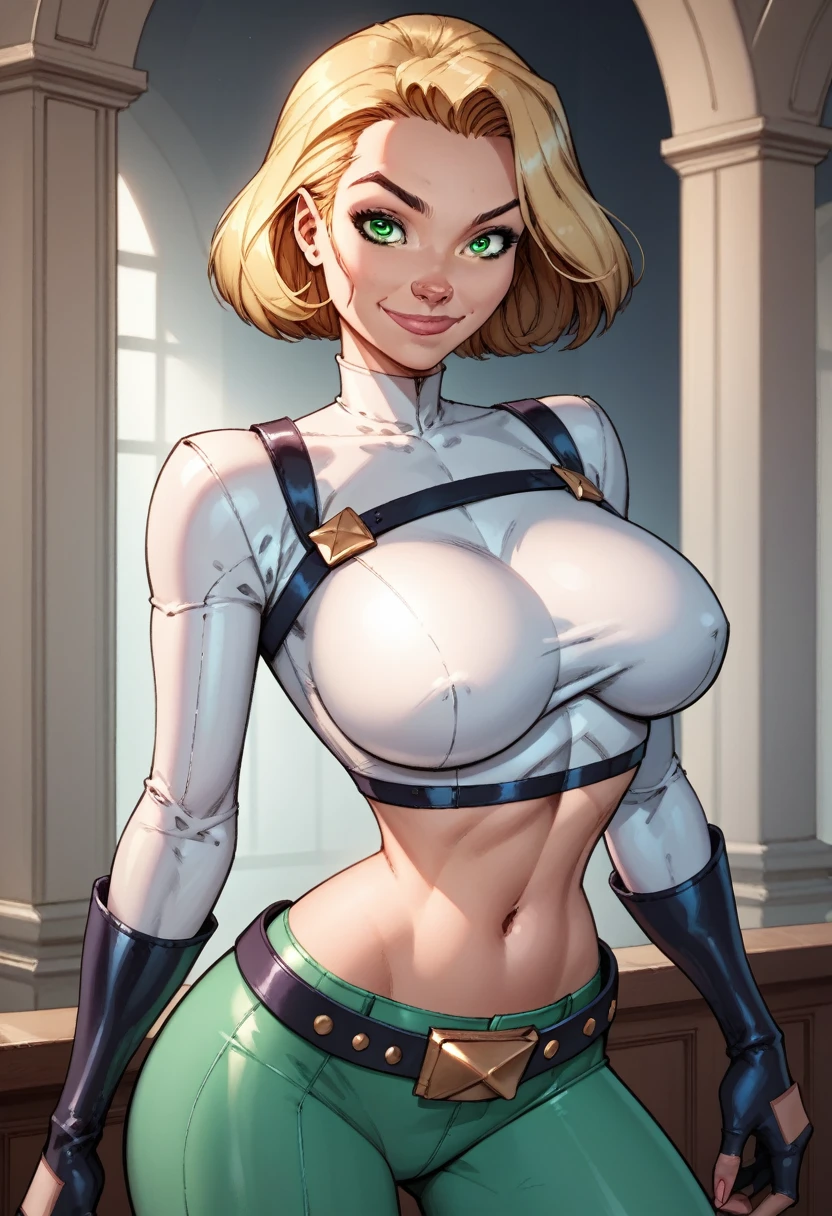 score_9, score_8_up, score_7_up,score_6_up, score_5_up, score_4_up, detailed soft lighting, 1girl, solo, large breasts, AchaseDG, hort hair, blonde hair, green eyes, plain white shirt, black gloves, crop top, green and black pants, belt, fingerless gloves, (tight clothes:1.3), (on a luxurious mega yacht:1.4), standing, provocative poses, looking at viewer, smile, closed mouth, (masterpiece, best quality, highly detailed, beautiful).