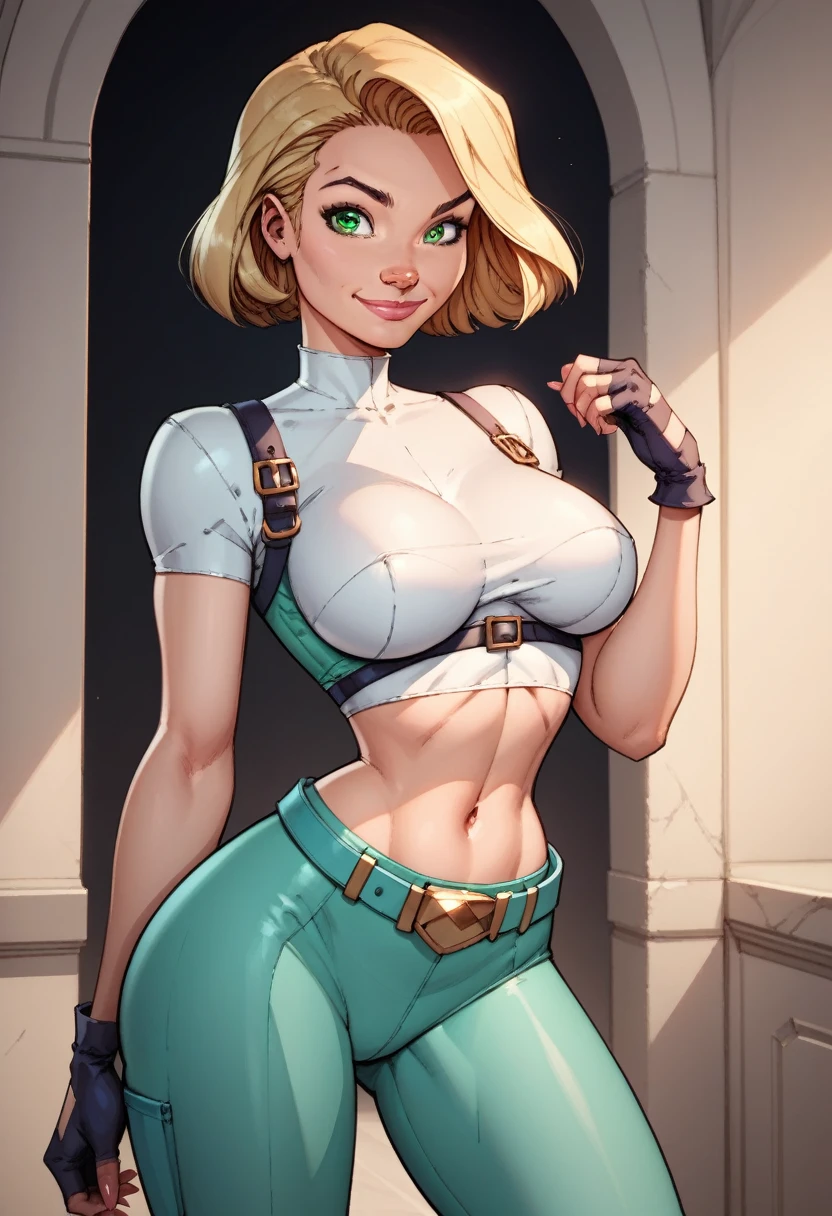 score_9, score_8_up, score_7_up,score_6_up, score_5_up, score_4_up, detailed soft lighting, 1girl, solo, large breasts, AchaseDG, hort hair, blonde hair, green eyes, plain white shirt, black gloves, crop top, green and black pants, belt, fingerless gloves, (tight clothes:1.3), (on a luxurious mega yacht:1.4), standing, provocative poses, looking at viewer, smile, closed mouth, (masterpiece, best quality, highly detailed, beautiful).