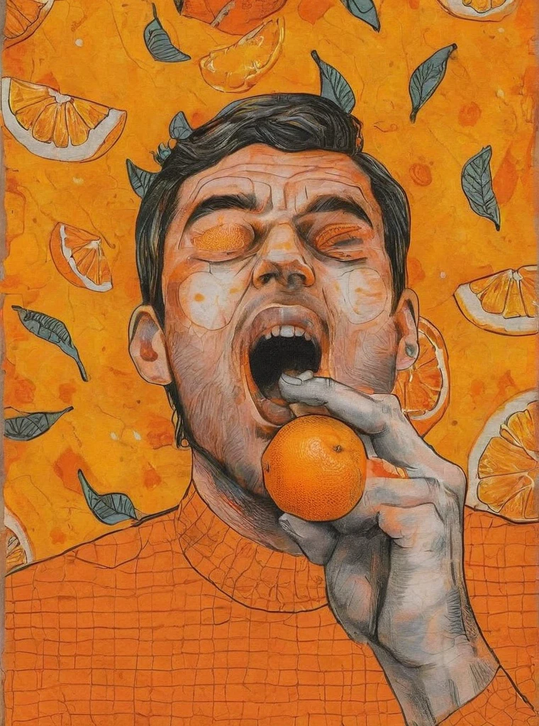 close your eyes, food, Male Focus, Orange background, Orange Theme, Traditional Media, Yellow background, Yellow theme , Pop Surrealism , Man eating a tangerine