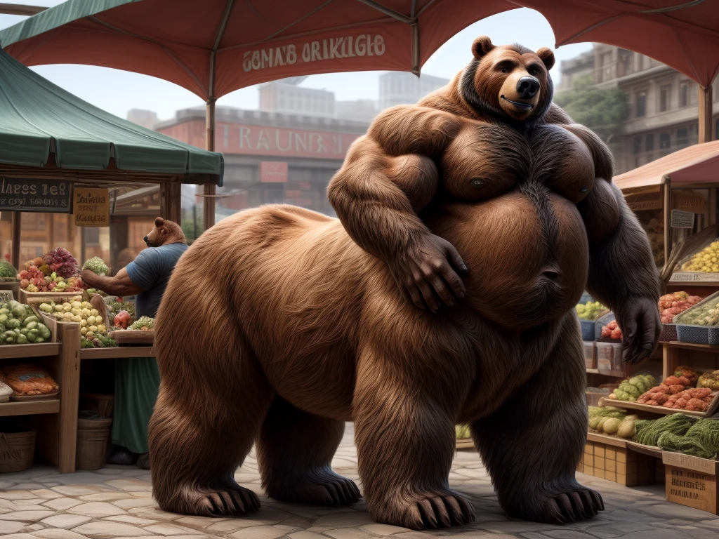 furry, fur taur, beartaur, middle-age, solo, detailed face, bear ears, bear eyes(brown), bear nose(black), bear mouth, full beard(white), mature hair(white), detailed arms, thick arms, muscular, thick hands(5 fingers), detailed body belly, thick body, muscle belly(brown), thick chest, chest hair(black), detailed taur body, thick taur body, thick bear paws, thick bear tail, full body shot, standing, market