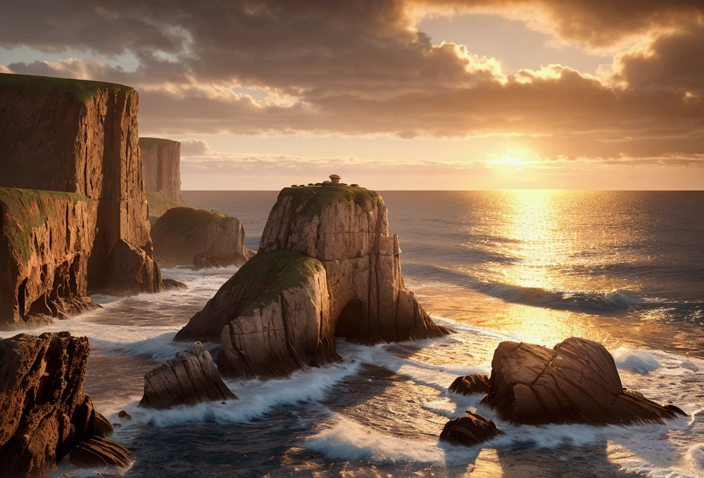 a stunning rocky seascape, dramatic cliffs overlooking the ocean, crashing waves on the sandy beach, golden hour lighting, cinematic composition, epic scale, moody atmosphere, atmospheric lighting, vibrant colors, dramatic shadows, realistic textures, (best quality,4k,8k,highres,masterpiece:1.2),ultra-detailed,(realistic,photorealistic,photo-realistic:1.37),landscape,dramatic lighting,ocean,sandy beach,rocky coastline,golden hour,cinematic,epic scale,atmospheric,vibrant colors,dramatic shadows,realistic textures