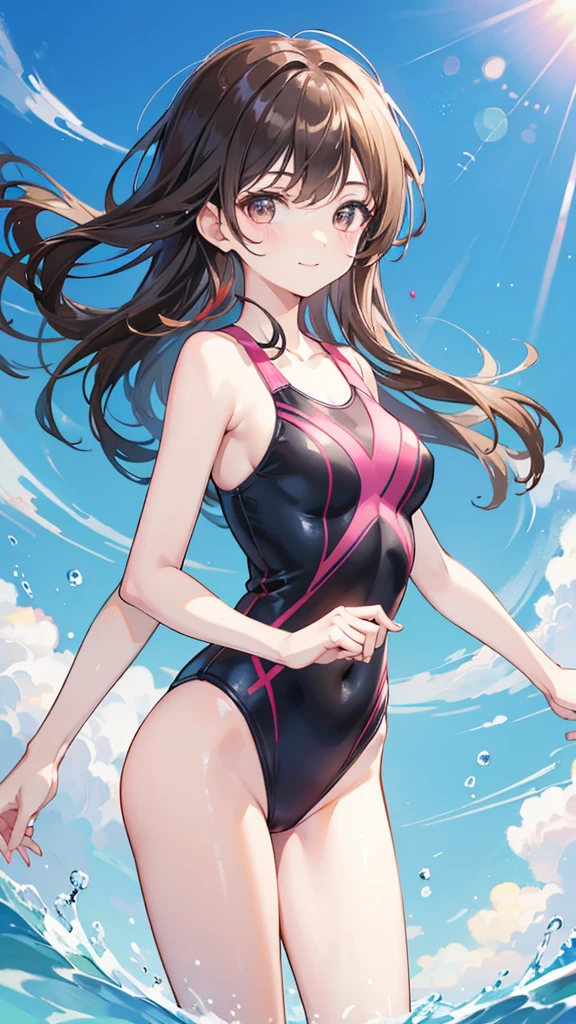 One piece type competitive swimsuit Brown hair ponytail Great style blush smile Standing facing forward Up to the knee She's wearing nothing but her swimsuit