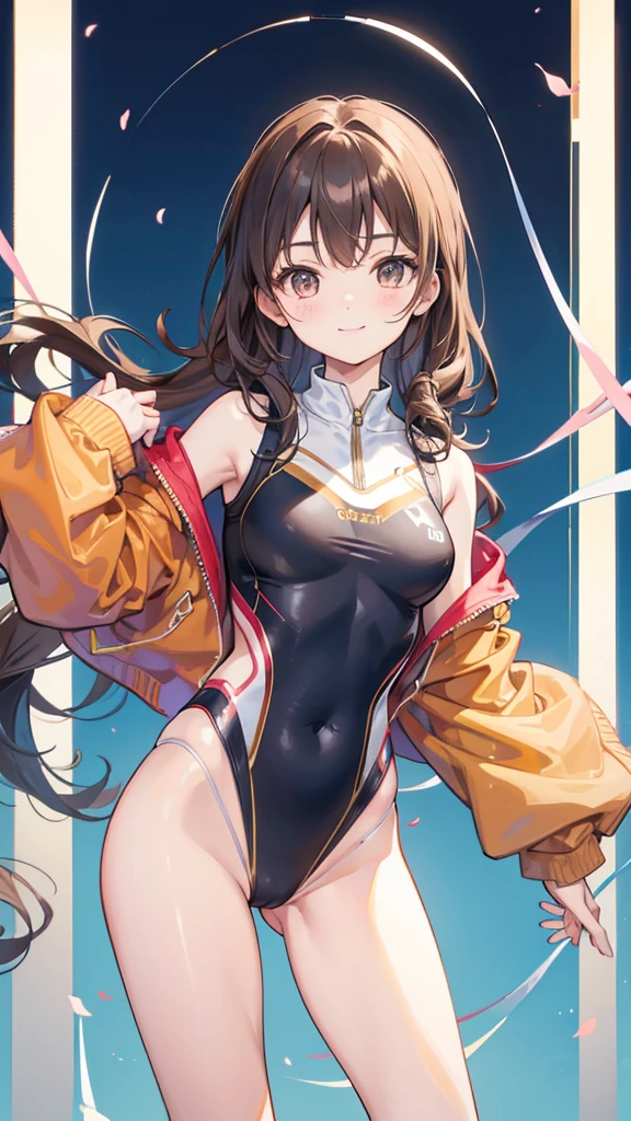 Rhythmic gymnastics leotards Brown wavy hair Young sister Great style A gentle smile Standing facing forward