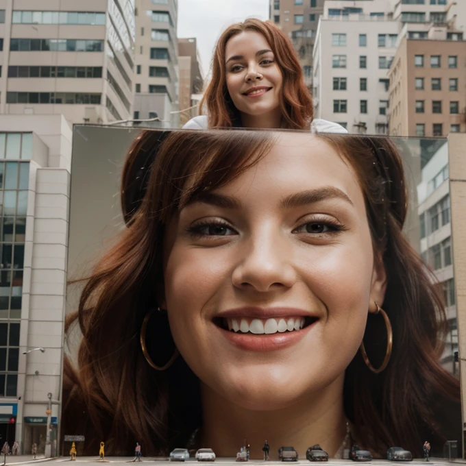 Giant Cleopatra sits in the city, Bigger than buildings, shrinking people, Look down, Red hair, Real person, perfect full HD face, GTS, smiling face, were,