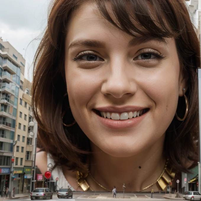 Giant Cleopatra sits in the city,  Bigger than buildings, shrinking people, Look down, Red hair,  Real person, perfect full HD face, GTS, smiling face, were, 