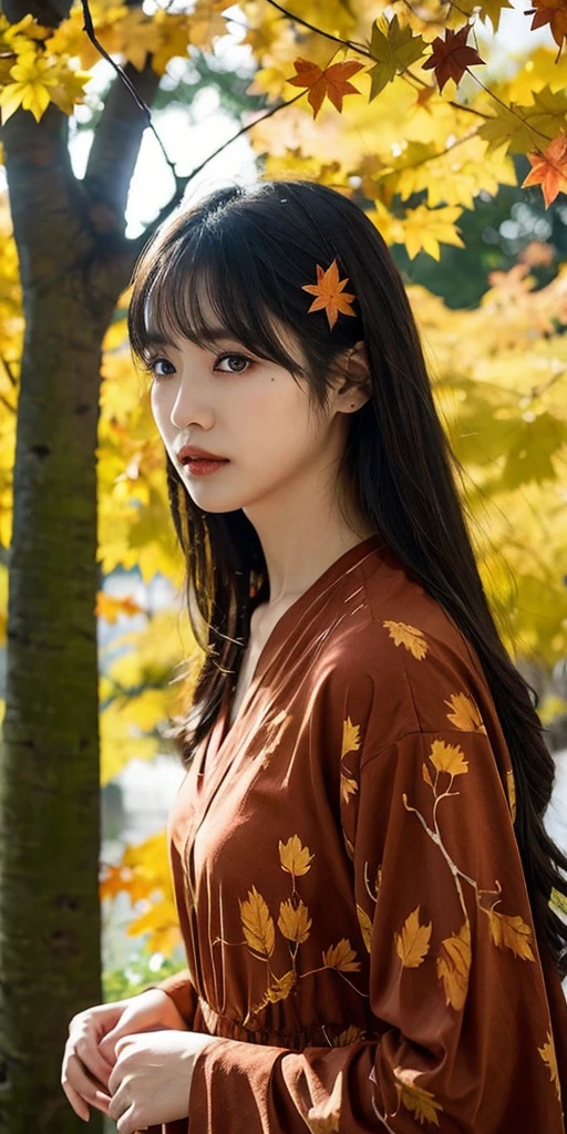 1girl, against_tree, aki_shizuha, anger_vein, autumn, autumn_leaves, bangs, bare_tree, blue_eyes, blunt_bangs, branch, night, dress, falling_leaves, forest, ginkgo_leaf, holding_leaf, lake, leaf, leaf_background, leaf_hair_ornament, leaf_on_head, leaf_print, lips, long_hair, looking_at_viewer, maple_leaf, nature, outdoors, solo, standing, stone_lantern, tree, under_tree, black hair, sensei 