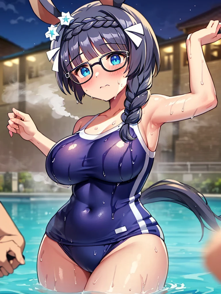 masterpiece, best quality, high quality, detailed, exquisite, (((zenno rob roy,))) (((umamusume,))) (single braid,) blunt cut, medium hair, braid, silver hair, blue eyes, droopy eyes, pale skin, tiny, , glasses, cute face, huge breasts, disproportionate breasts, blush, embarrassed, wet skin, shiny skin, sweat, steam, humid, night, ((school swimsuit,)) (((wet,))) (((ass focus,))) (((bouncing breasts,)))