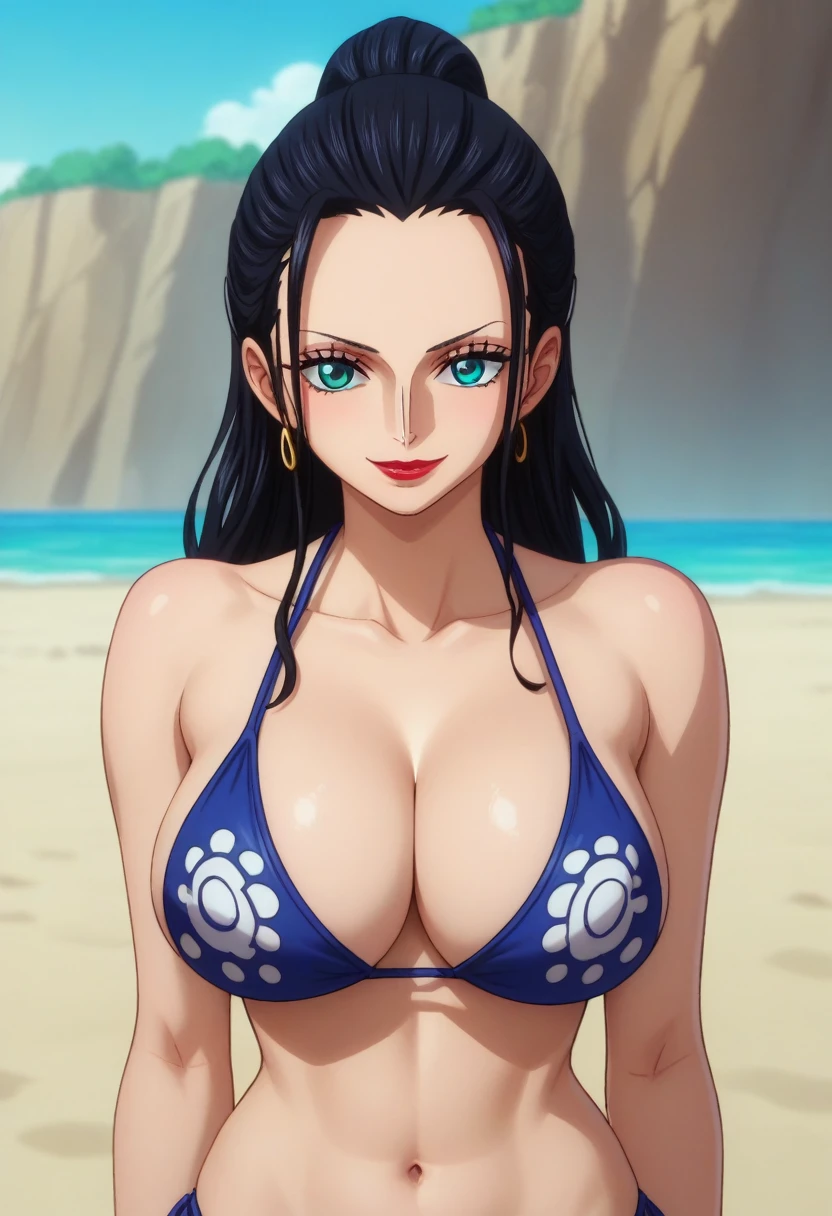 score_9, score_8_up, score_7_up, source_anime, anime screencap, one_piece_style, Nico Robin, black hair, long hair, blue eyes, large breasts, perfect body, bikini, looking at viewer, smile, cleavage, from front, looking at viewer, beach,red lipstick, hoops earrings 