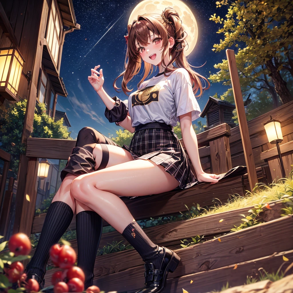 Brown and gold hair、Red gold eyes、Hair tied up、One good looking girl、solo、anime、Checkered mini skirt、T-Shirts、Black knee-high socks、Teeth are visible、Starry Sky、Midnight Moon、Confetti、A large cherry tree growing on the top of a rocky mountain、Home々