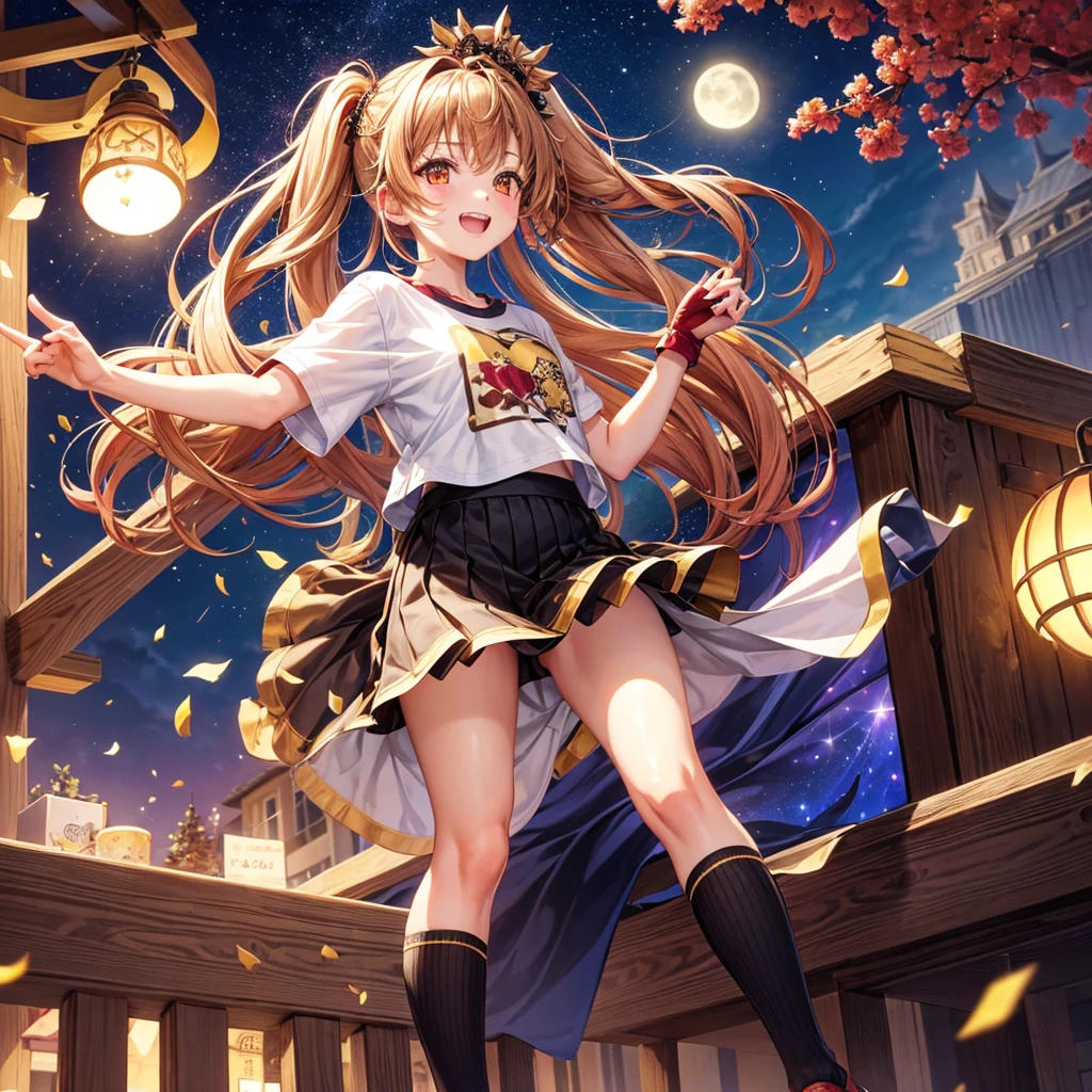 Brown and gold hair、Red gold eyes、Hair tied up、One good looking girl、solo、anime、Checkered mini skirt、T-Shirts、Black knee-high socks、Teeth are visible、Starry Sky、Midnight Moon、Confetti、A large cherry tree growing on the top of a rocky mountain、Home々