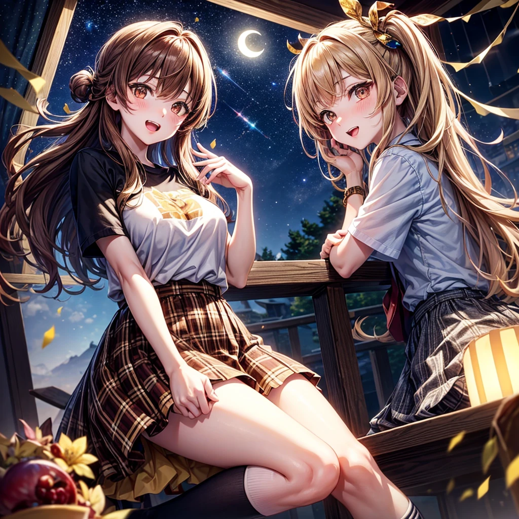 Brown and gold hair、Red gold eyes、Hair tied up、One good looking girl、solo、anime、Checkered mini skirt、T-Shirts、Black knee-high socks、Teeth are visible、Starry Sky、Midnight Moon、Confetti、A large cherry tree growing on the top of a rocky mountain、Home々