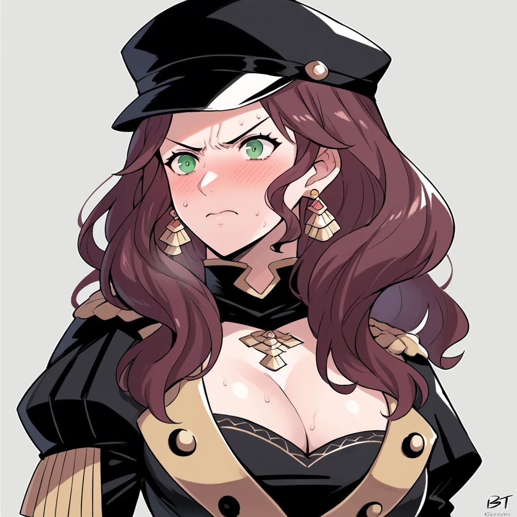 score_9, score_8_up, score_7_up, source_anime, Dorothea (Fire Emblem), bust shot, mldortgm, black headwear, (black uniform), brown hair, dangle earrings, gold trim, green eyes, jewelry, large breasts, cleavage, long hair, black peaked cap, black hat, angry facial expression, closed mouth, blush, sweat