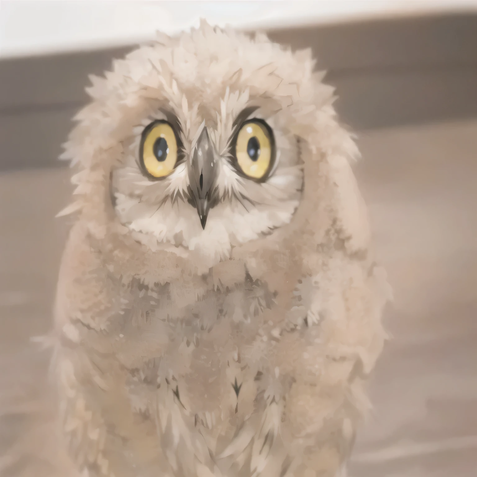 There is a little owl sitting on the ground, very very small owl, With a cute fluffy owl, Big eyes, Close-up photo, Close-up photo, とてもBig eyes!, 大きな頭とBig eyesで, Big eyes, Big yellow eyes, Look straight at the camera, a face in need of a fist, Tawny Frogmouth