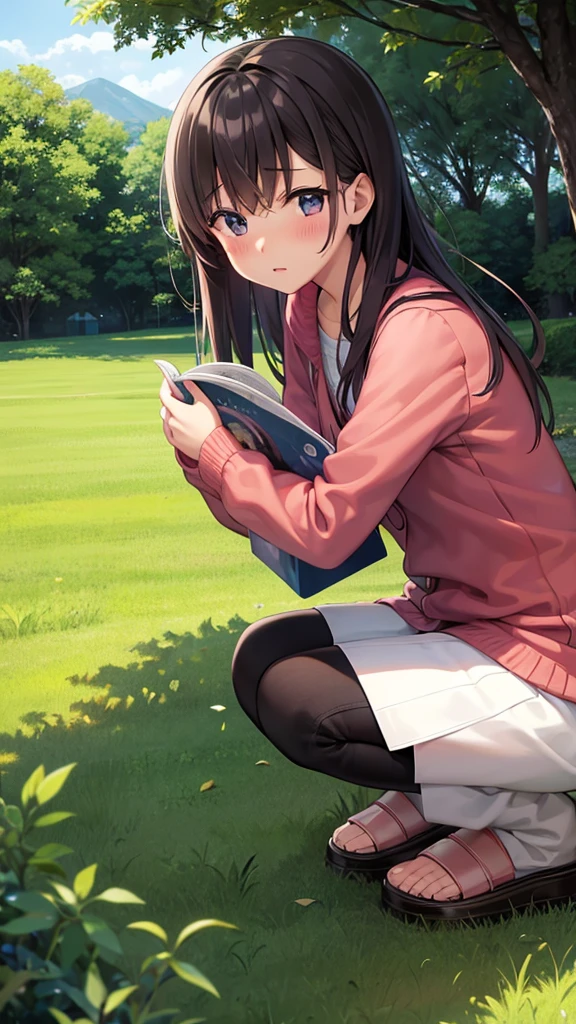 Girl、squat、、Blushing、Grassland、Read magazines、