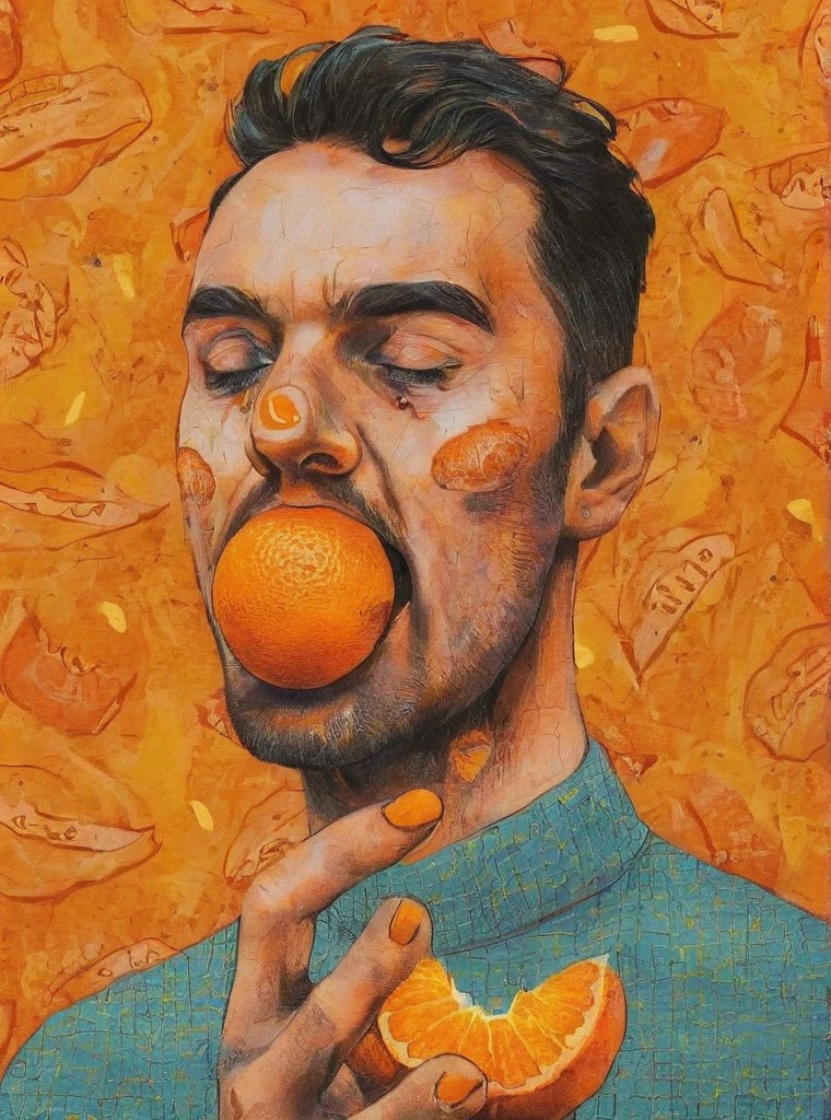 close your eyes, food, Male Focus, Orange background, Orange Theme, Traditional Media, Yellow background, Yellow theme , Pop Surrealism , Man eating a tangerine