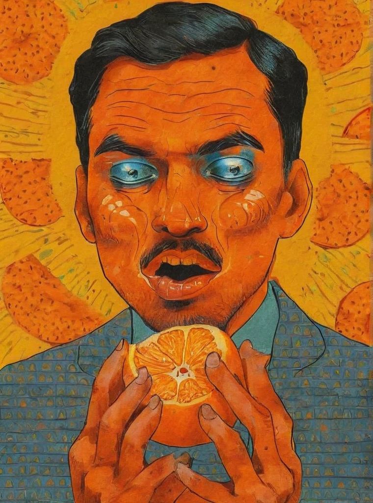 close your eyes, food, Male Focus, Orange background, Orange Theme, Traditional Media, Yellow background, Yellow theme , Pop Surrealism , Man eating a tangerine