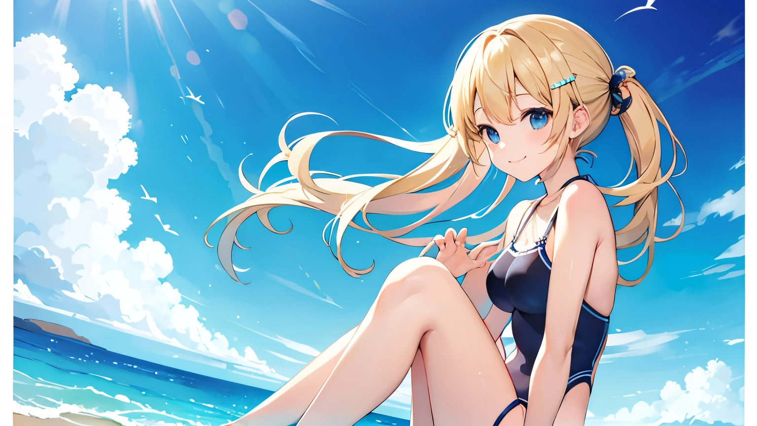 20-year-old women、Swimwear、Ocean、Oceanの水をかけている、playing、smile、Blonde