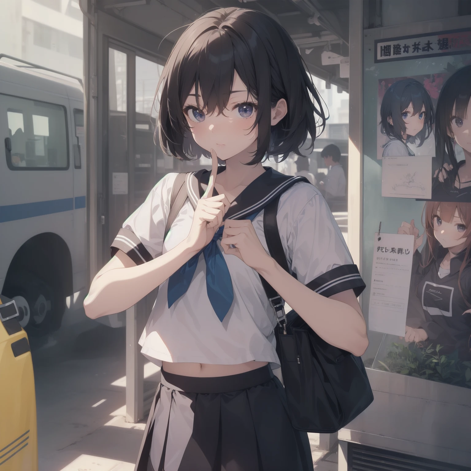 ultra-absurdres-Top quality by artist God, ultra-detailed, high resolution, anime moe artstyle, best anime 8k konachan wallpaper, pixiv contest winner, pool:2810, perfect anatomy,break, 1girl, (Please draw a girl walking sleepily to school alone. )break,(Solo,little female, 13-year-old:1.3),Full limbs, complete fingers,a junior high school student, (very short hair), short cut, flat chest, , small butt, small black eyes, beautiful detailed eyes, well-proportioned iris and pupils, expressive eyes, highres detailed hair, soft expression, salor school_uniform, sailor collar, serahuku, bow, pleated skirt,(Detailed Lighting), (Detailed background), in the School commute route. break,super detailed skin, Best cinematic lighting powered by famous artist, 8k,beauty illustration,photoshop_(medium),very aesthetic,break,((artist:yuuhagi_(amaretto-no-natsu) )), artist:clamp ,artist:carnelian ,artist:kantoku ,
