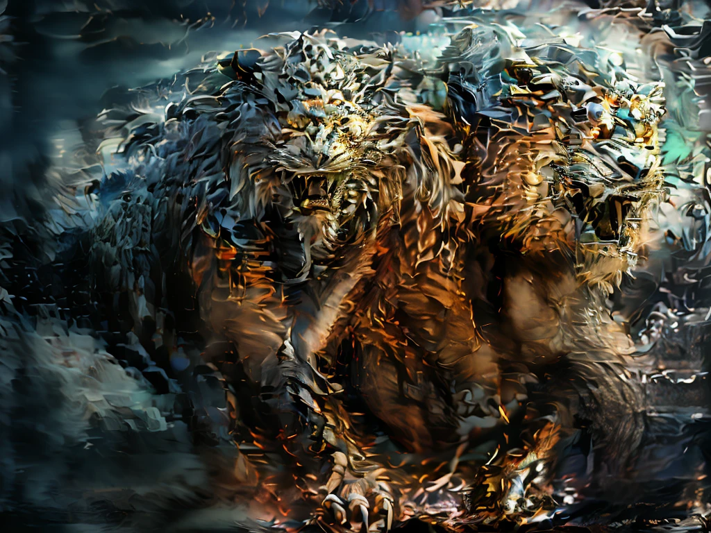 Big Yellow Cave Well,Masterpiece,Ultra-high resolution,Exquisite details,Open your mouth,Sharp teeth,One has eight heads、Eight legs、Eight tails、The face of the person、A giant monster with a tiger body。
