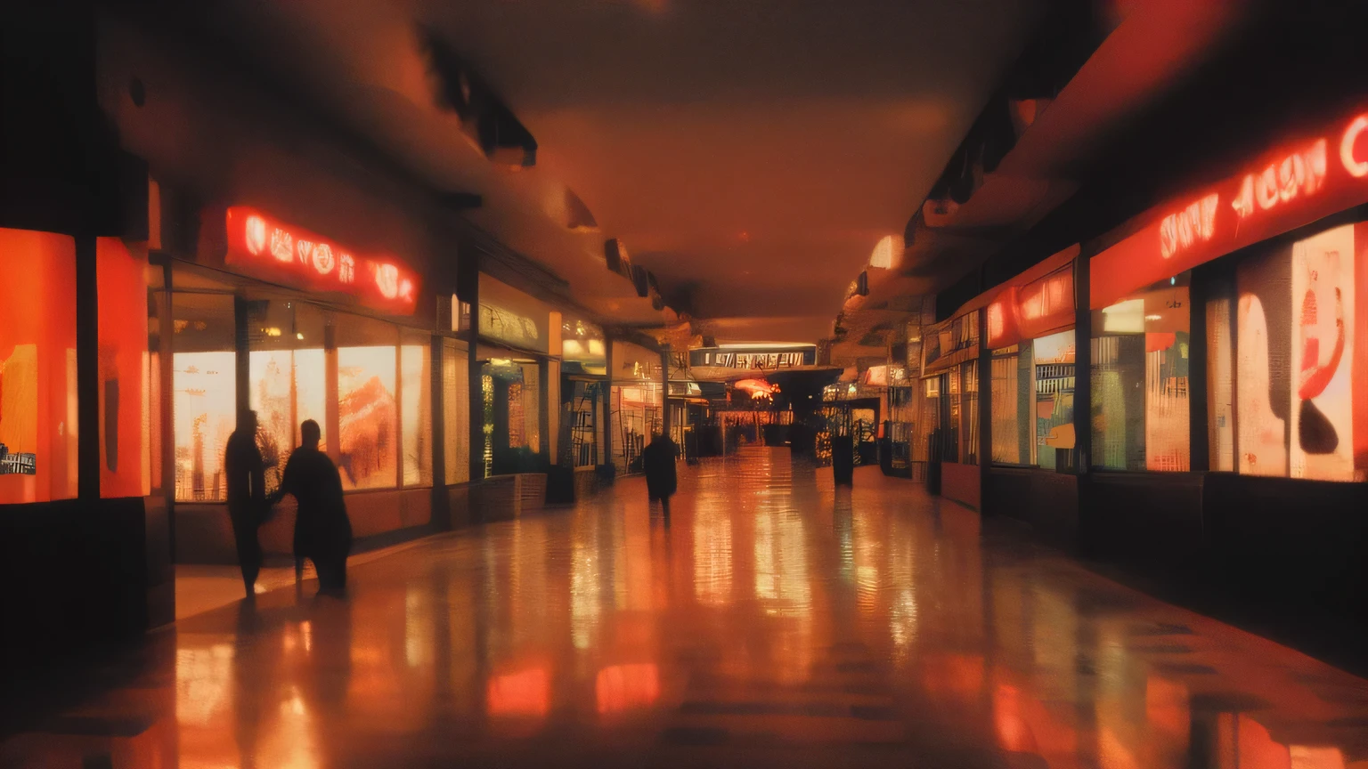 A strange painting of an empty shopping mall at night. The stores are closed, and the only light comes from flickering neon signs, casting eerie shadows on the floor.