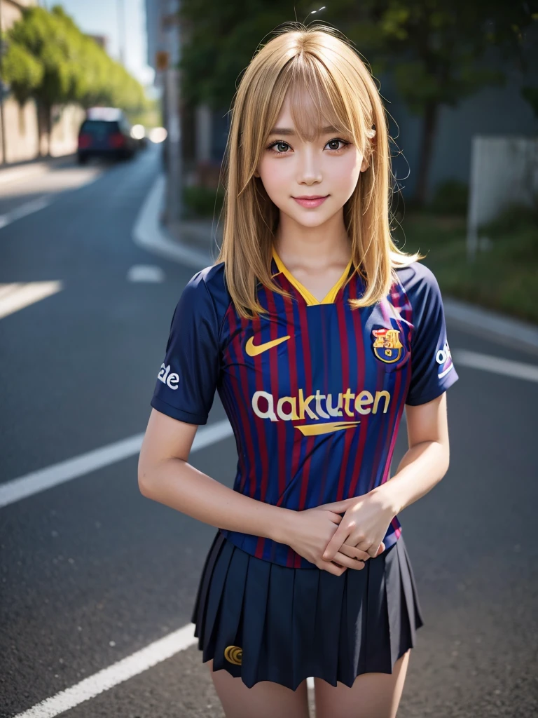 (8k, RAW Photos, Highest quality, masterpiece:1.2), (Realistic, photo-Realistic:1.4), (Highly detailed 8K wallpapers), ((Full Body Shot)), (1 girl), Sharp focus, Depth of written boundary, Cinematic lighting, Soft Light, 緻密な美しさのeye, eye_Chan, Very beautiful girl, innocent big eyes, Realistic, photo Realistic, Highly detailed cute girl, (Thin thighs), (Model body type), (((FC Barcelona soccer jersey))), ((Micro Mini Pleated Skirt)), (((Fold your arms in front of your chest and act arrogantly))), ((A happy smile)), Parted lips, Watching the audience, (On the streets of Spain) , (Blonde),(Medium Bob Hair), (Asymmetrical bangs)