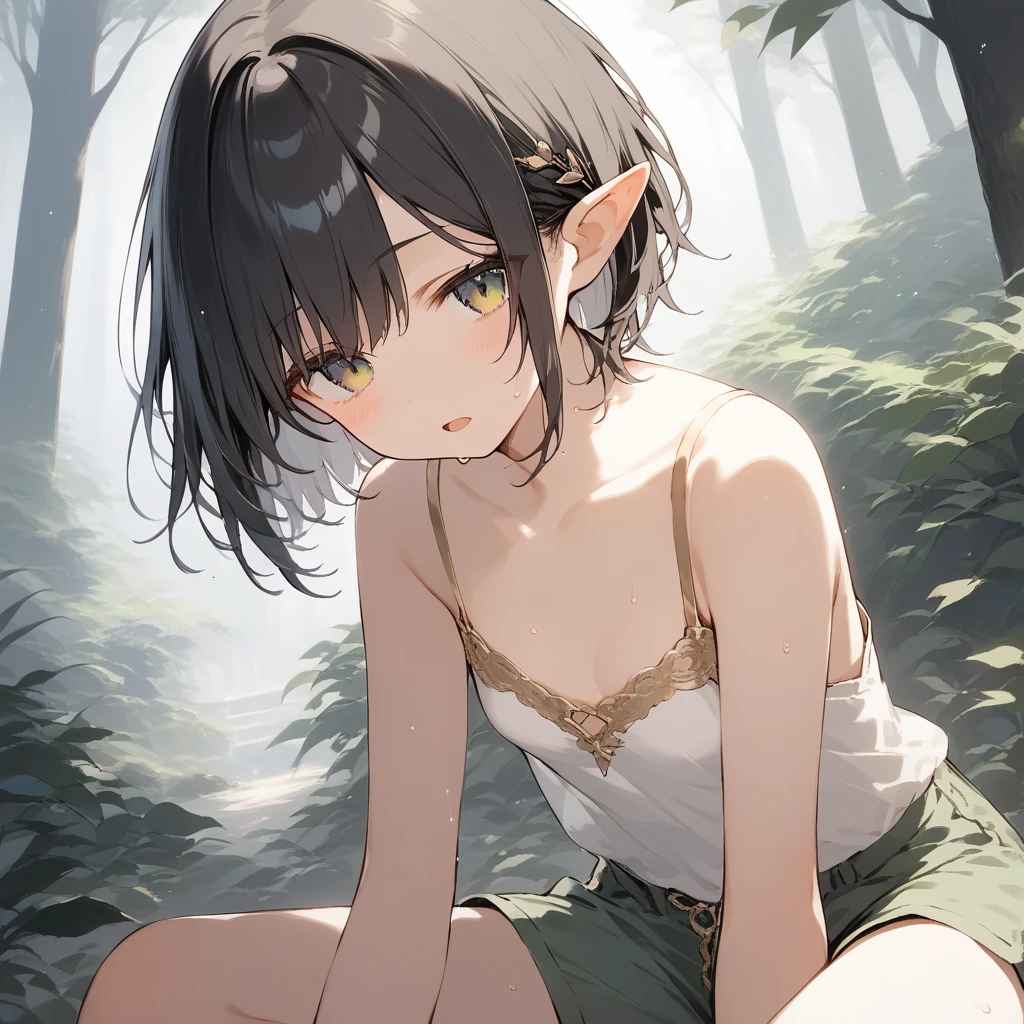 score_9, score_8_up, score_7_up, source_anime, best quality, masterpiece, official art, absurdres, highres, ultra-detailed,waifu2x,Collection: Slice of Life,break,1girl, elf, cool, short hair, slender, androgynous, small breasts, beautiful detailed eyes, green shorts, sweat, open mouth, sleepily, outdoors, forest, spring,break,(clear line illustration:1.2), super detailed skin,very high resolution, very aesthetic, Best sexual lighting powered by famous artist, 8k,cute picture,beauty illustration,photoshop_(medium),,(Detailed Lighting),best anime 8k konachan wallpaper, pixiv contest winner, 