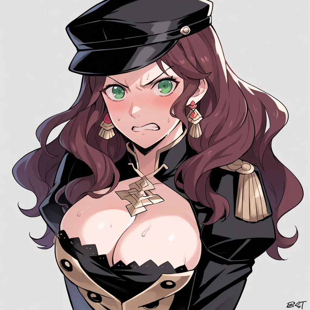 score_9, score_8_up, score_7_up, source_anime, Dorothea (Fire Emblem), bust shot, mldortgm, black headwear, (black uniform), brown hair, dangle earrings, gold trim, green eyes, jewelry, large breasts, cleavage, long hair, black peaked cap, black hat, looking at the viewer, angry facial expression, clenched teeth, blush, sweat