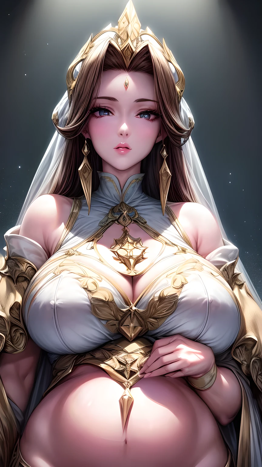 best quality, masterpiece, Big , (Large Breasts), Delicate skin texture, Detailed fabric texture, Delicate face, Super Detail, 8k, Intricate details, 1 Girl, 30 years old, High contrast, High resolution eyes, Dark Blonde Goddess，Royal sister，Sexy body，Pregnant，6 months。