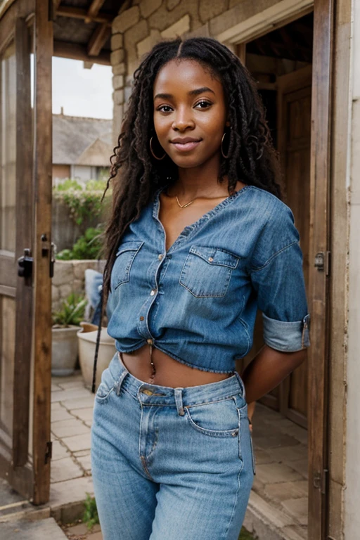 Illustration hyperréaliste d'une jeune fille africaine souriante, Emma, rentrant chez elle avec un sac à dos. Elle a des cheveux longs et noirs, porte une chemise bleue et un jean, et se tient devant une maison accueillante