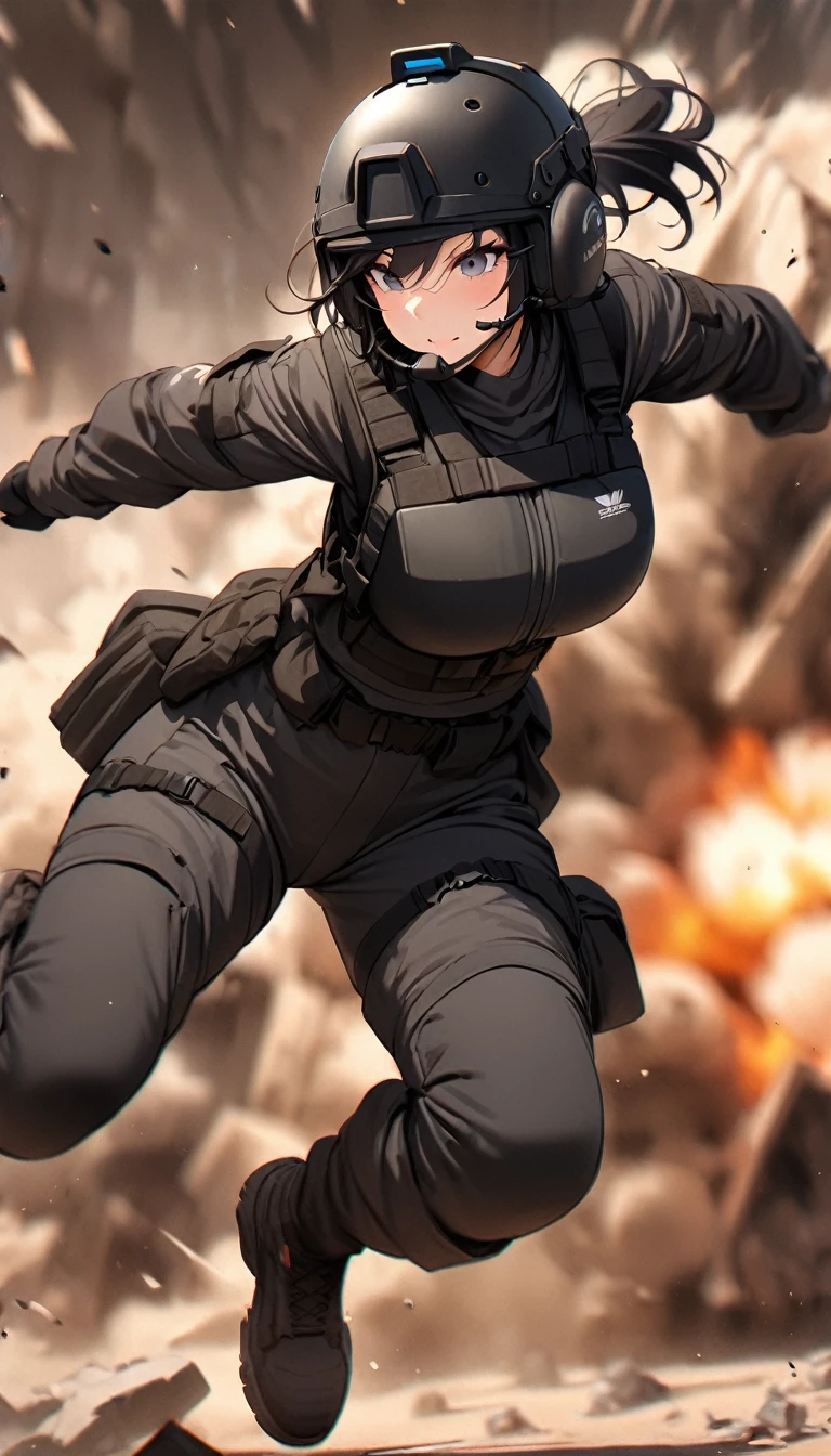 (masterpiece),(Highest quality),(High resolution),(Very detailed),One Woman,48 years old,Mature Woman,Japanese,Black Hair,Short Bob,Beautiful Eyes,Long eyelashes,Beautiful Hair,Beautiful Skin,strict,whole body,break(((explosion))),(Dynamic Movement),((Small machine gun)),SWAT Uniforms,Black bulletproof vest, Combat Boots,Black Tactical Forster,Tactical Headset,Tactical Helmet,(The background is the rubble of ruins),(((Background Blur)))