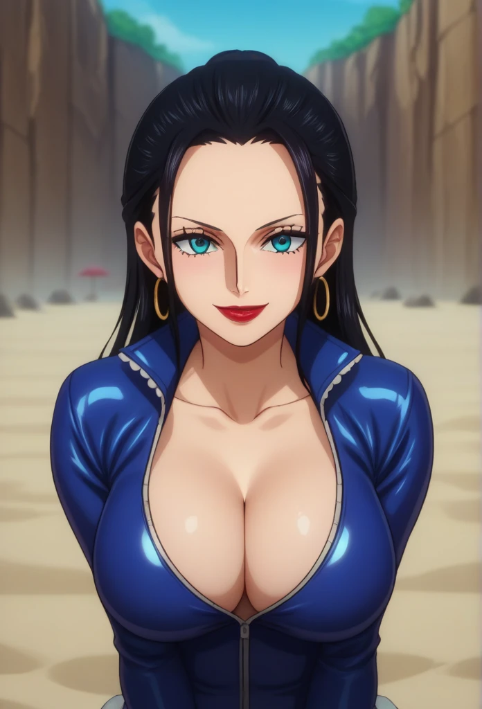 score_9, score_8_up, score_7_up, source_anime, anime screencap, one_piece_style, Nico Robin, black hair, long hair, blue eyes, large breasts, perfect body, looking at viewer, smile, cleavage, from front, looking at viewer, beach,red lipstick, hoops earrings ,long earrings ,latex suit