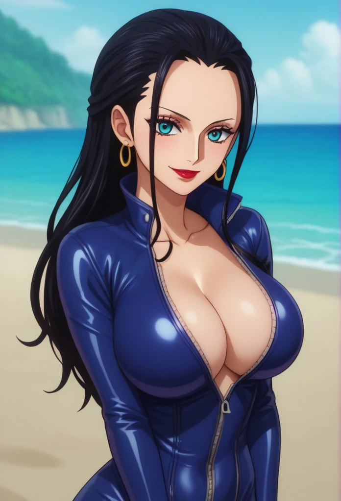 score_9, score_8_up, score_7_up, source_anime, anime screencap, one_piece_style, Nico Robin, black hair, long hair, blue eyes, large breasts, perfect body, looking at viewer, smile, cleavage, from front, looking at viewer, beach,red lipstick, hoops earrings ,long earrings ,latex suit