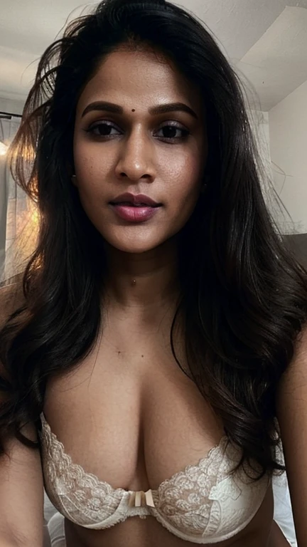 lavanya , closeup face, potrait, face close up, ((naked)), in bedroom, ultrarealsitic, body closeup,  close up body shot, cleavage and navel, milf, looking at viewer, masterpiece, ultrarealistic, ((fair skin)), free shaggy hair, high quality,( make up), (((skin texture))), (((photorealistic)))