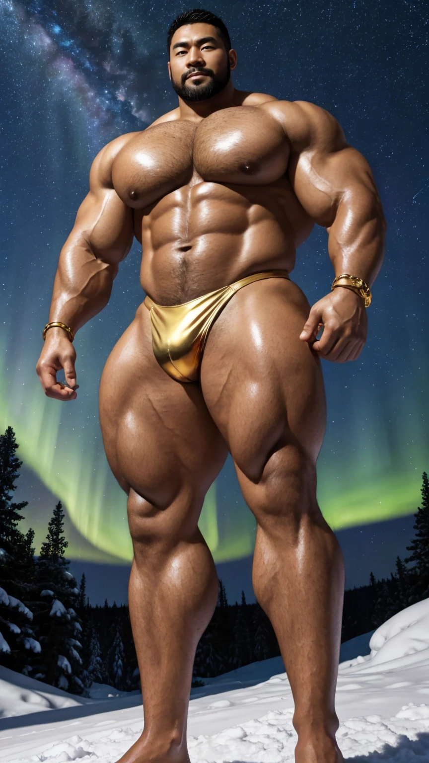 There is only one handsome Chinese man in the photo,35 years old,tall, Fitness,Smooth body,Smooth skin,No chest hair,short hair, O-Shaped Beard,Perfect body, Dark skin color,Radiant Skin,Smooth skin,Shiny, shiny skin,Smooth pectoral muscles,Muscle bulge, muscular, Very large pectoral muscles,Very sexy abdominal muscles,Very well-developed leg muscles,Huge concave and convex area,Brightens oily skin,Wearing a shiny gold leather thong,Handsome face,Normal human toes,Correct and accurate male body proportions,Gold Collar,Gold bracelet,Gold anklets,Standing in the snow,Night sky,A sky full of stars,There are auroras,Colorful,Charming dream scene,Epic。